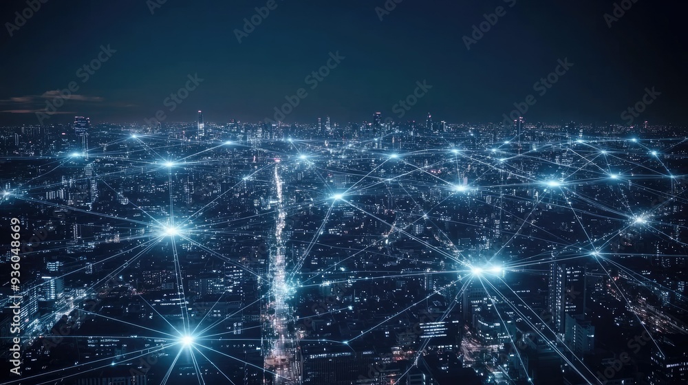 Poster smart city connection dot point connect with line network, technology metaverse concept.big data con