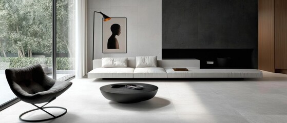 Minimalist Living Room with White Sofa, Black Chair, and a Modern Coffee Table