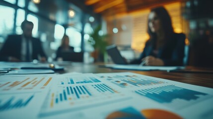 Business Meeting with Focus on Financial Charts and Graphs in a Modern Office Setting