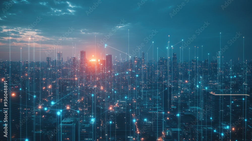 Poster smart digital city with connection network reciprocity over the cityscape . concept of future smart 