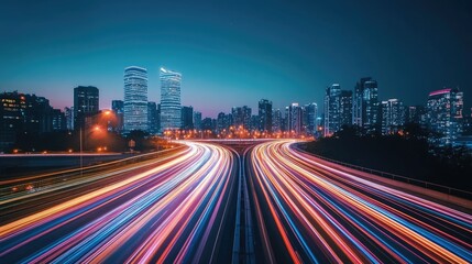 Obraz premium Smart city with speed line glowing light trail surround the city. big data connection technology concept -