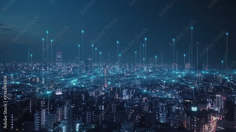Poster smart digital city with globalization abstract graphic showing connection network . concept of futur