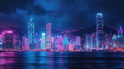 Smart network and Connection technology concept, Hong Kong digital city background at night in victoria harbour, Cyberpunk color style, Panorama view -