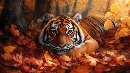 Tiger sleeping in autumn leaves, digital art. The generation of AI