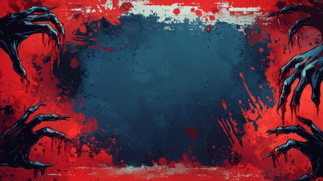 Gruesome zombie hands reaching out from the edges with blood splatter, creating a chilling Halloween background.