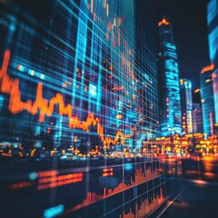 Fototapeta premium Stock market business concept. Financial graphs and digital indicators with modernistic urban area and skyscrapers as background. Double Exposure.