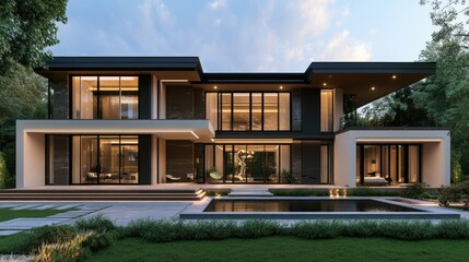 Fototapeta premium Stylish modern house 3D rendering with a flat roof and elegant outdoor living space.