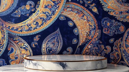 Vibrant Indian paisley pattern in rich hues with elegant marble podium for a luxurious cultural background aesthetic
