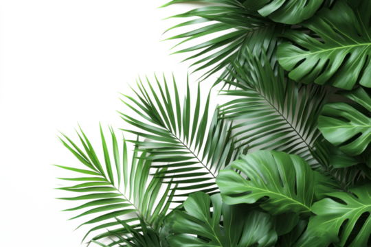 Tropical leaves create a lush and vibrant background. This botanical arrangement enhances decor with a fresh, natural aesthetic. Transparent background PNG.