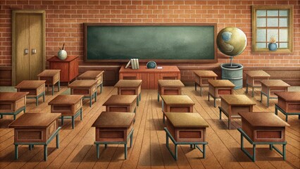An Empty Classroom with Desks and a Chalkboard