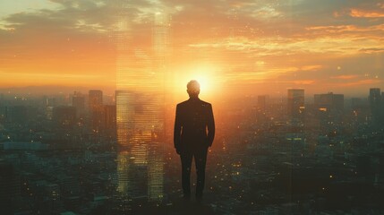 Fototapeta premium The double exposure image of the businessman standing back during sunrise overlay with cityscape image. The concept of modern life, business, city life and internet of things.