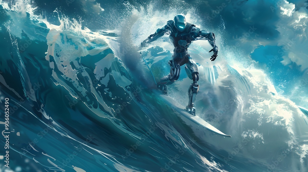 Wall mural robot surfer riding wave: a robot surfer maintaining balance and grace while riding a massive wave.