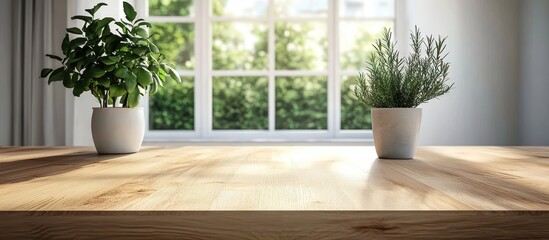 Bright and Airy Kitchen Interior with Wooden Table and Potted Plants by Sunlit Window