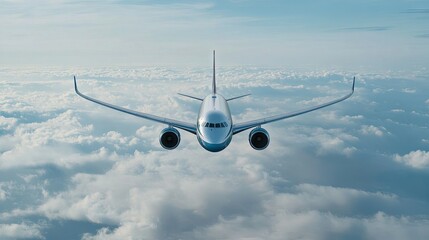 The passenger plane in flight. Aircraft flies high in the blue sky over clouds. Front view of...