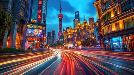 Fototapeta premium the light trails on the steet in shanghai china