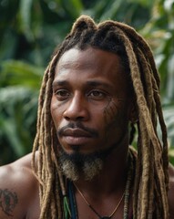 
Portrait of a dark-skinned man with dreadlocks on his head
