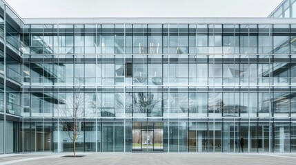 Obraz premium Facade of Modern Glass Office Architecture Featuring Sleek Design and Reflective Surfaces, Ideal for Contemporary Business Environments