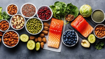 Top view of a colorful variety of nutritious foods, including leafy greens, salmon, almonds, and berries on a concrete surface. Ideal for health-focused designs.