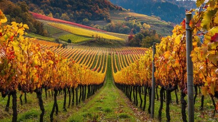 Naklejka premium The view of beautifully planted vineyards during grape harvest in autumn. The generation of AI