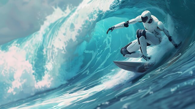 Robot Surfer Riding Wave: A robot surfer maintaining balance and grace while riding a massive wave.
