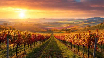 Naklejka premium The view of beautifully planted vineyards during grape harvest in autumn. The generation of AI