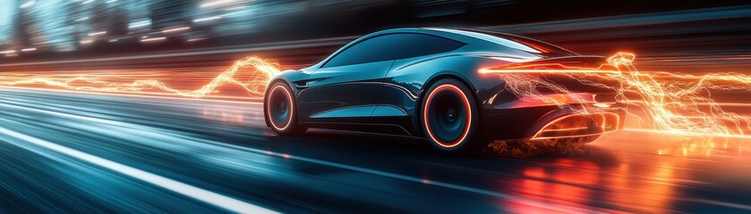 Sleek Modern Electric Sports Car Speeding on a Futuristic Highway with Neon Light Trails at Night