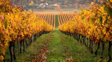 Fototapeta premium The view of beautifully planted vineyards during grape harvest in autumn. The generation of AI
