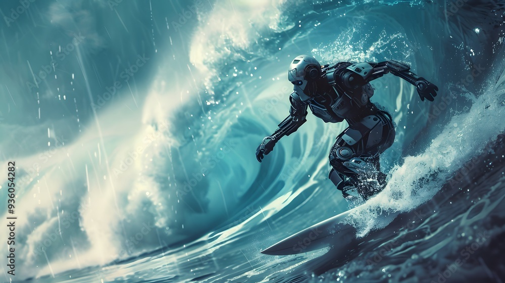 Wall mural robot surfer riding wave: a robot surfer maintaining balance and grace while riding a massive wave.
