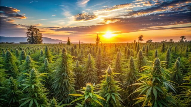 Sunset over a lush marijuana field with bush cannabis plants in the background