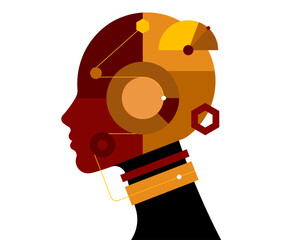 Robot with female face in abstract geometric style. Cyborg woman with beautiful face, side view, profile portrait of humanoid Simplicity flat vector illustration. Isolated © Atlas Illustrations