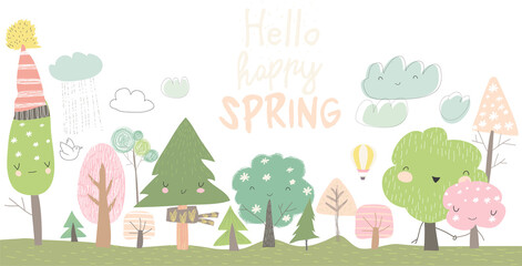 Cute spring trees. Cartoon spring trees on blue background