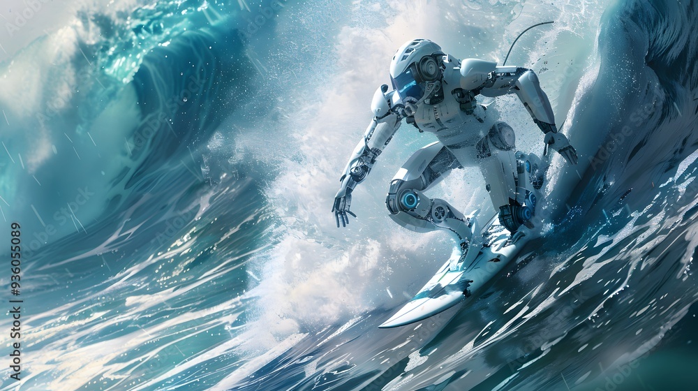 Wall mural robot surfer riding wave: a robot surfer maintaining balance and grace while riding a massive wave.