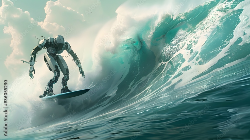 Wall mural robot surfer riding wave: a robot surfer maintaining balance and grace while riding a massive wave.
