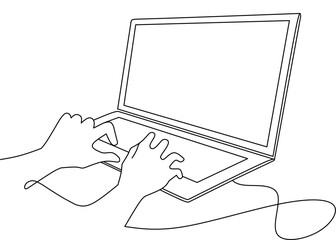 Continuous oneline hand are typing  on a laptop design vector 