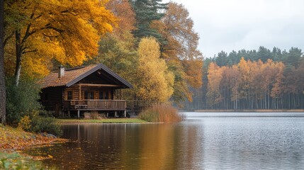 Autumn season, wooden house on the shore of the lake. The generation of AI
