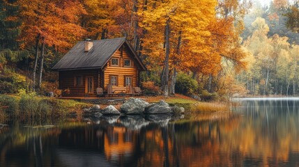 Fototapeta premium Autumn season, wooden house on the shore of the lake. The generation of AI