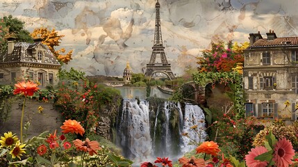 Digital collage of Eiffel Tower with garden, old houses, flowers, and waterfalls