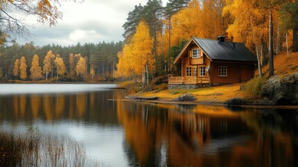 Fototapeta premium Autumn season, wooden house on the shore of the lake. The generation of AI