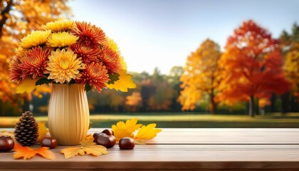 Obraz premium Piękne, kolorowe chryzantemy na drewnianym blacie. W tle jesienny ogród i las. Jesienne tło