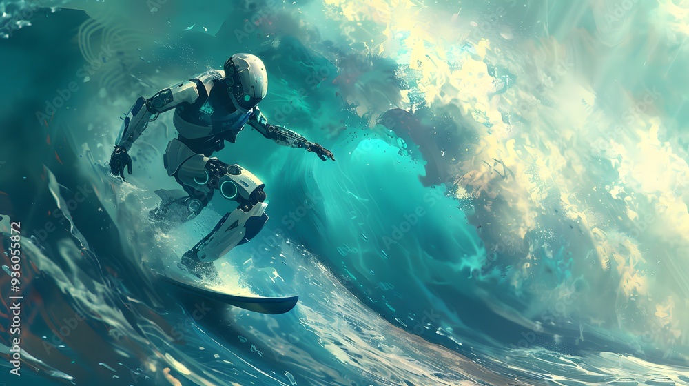 Wall mural robot surfer riding wave: a robot surfer maintaining balance and grace while riding a massive wave.