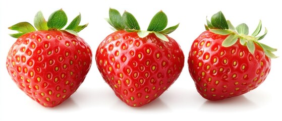 Three Ripe Strawberries with Green Leaves