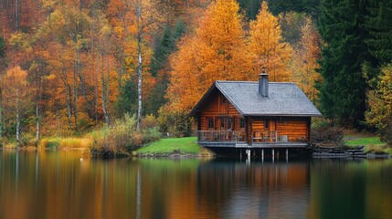 Fototapeta premium Autumn season, wooden house on the shore of the lake. The generation of AI