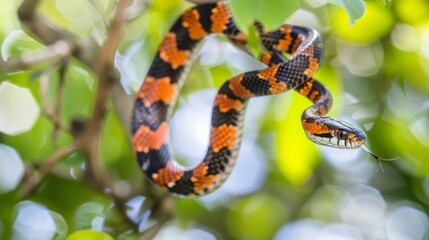 Obraz premium With striking orange and black patterns, the snake winds through the verdant foliage, showcasing its beauty in the tranquil warmth of a tropical afternoon