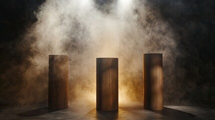 Wooden cylinder display stand against a dark abstract wall, enveloped in rising smoke and illuminated by a spotlight. -