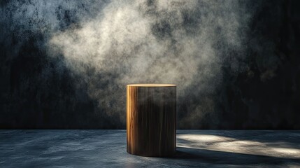 Wooden cylinder display stand, dark abstract wall, highlighted by rising smoke and a focused spotlight.