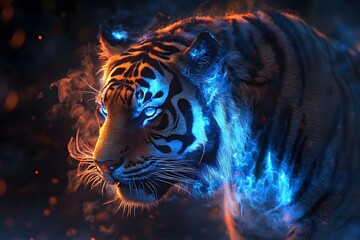 Fantasie-Tiger mit leuchtender Mähne und glühendem Feuer – Mystisches Tierdesign