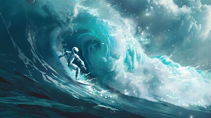 Fototapeta premium Robot Surfer Riding Wave: A robot surfer maintaining balance and grace while riding a massive wave. 