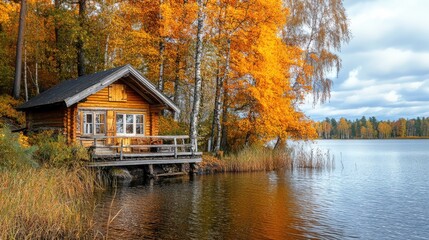 Autumn season, wooden house on the shore of the lake. The generation of AI