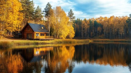 Autumn season, wooden house on the shore of the lake. The generation of AI