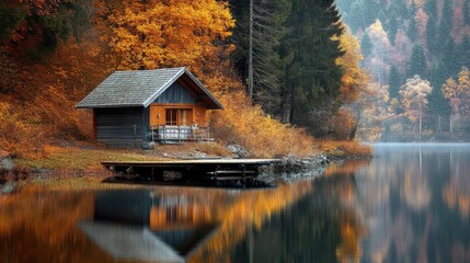 Fototapeta premium Autumn season, wooden house on the shore of the lake. The generation of AI